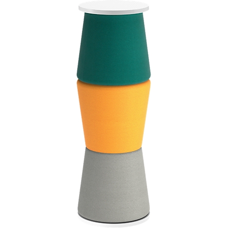Three-legged, multi-colored stool. The seat is white, with dark green, orange and gray underneath.