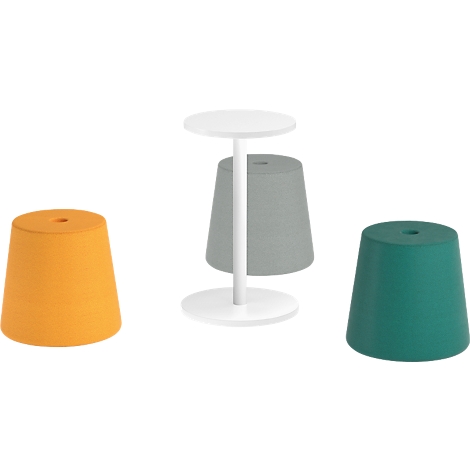 Various colored stools and a white side table standing on a white background.