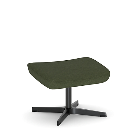 Tabouret vert rembourré avec piètement noir sur fond blanc.