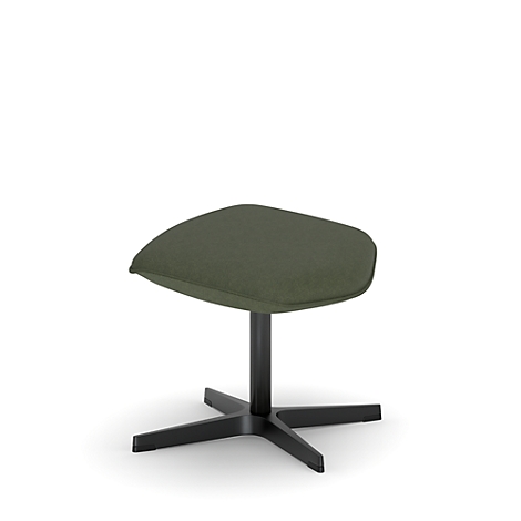 Tabouret avec assise vert foncé et cadre noir. L'assise est rembourrée, le cadre en forme d'étoile.