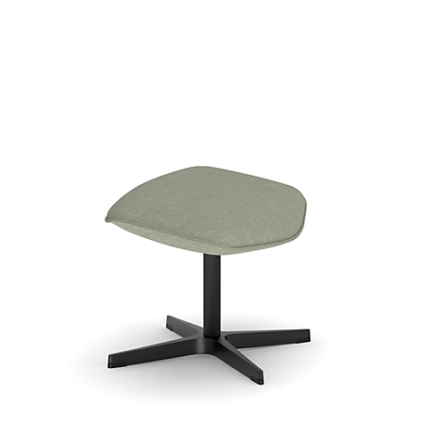 Tabouret avec assise rembourrée verdâtre sur base noire en forme d'étoile.