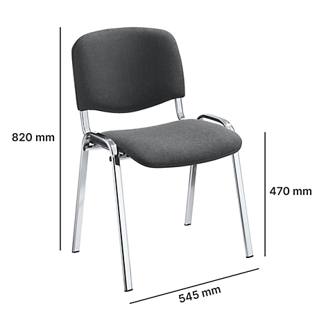 Gray chair with metal legs. Dimensions are shown.