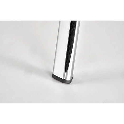 Close-up of a polished metal chair leg. The tip is fitted with a black rubber.