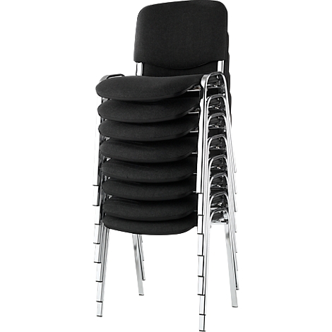 Stacked black chairs with silver metal legs. The backs and seats are padded.