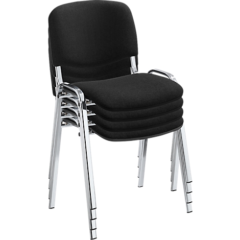 Stacked black chairs with chrome metal frames.