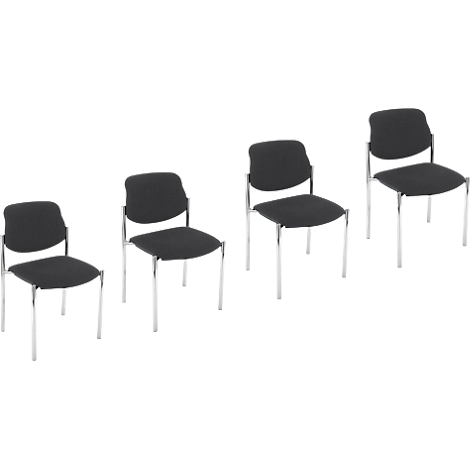 Vier zwarte stoelen met metalen poten op een witte achtergrond.