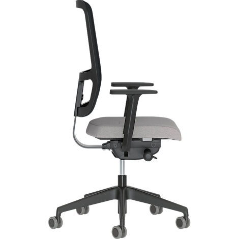 Bureaustoel, zwart, grijze zitting, mesh rug, wielen.