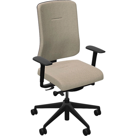 Bureaustoel met beige stoffen bekleding, zwarte armleuningen en frame. De stoel staat tegen een neutrale achtergrond.