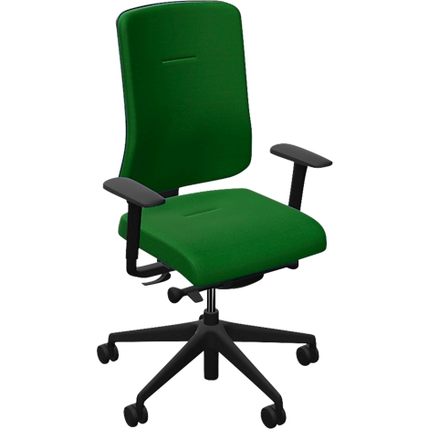 Een groene bureaustoel tegen een witte achtergrond. Hij heeft een hoge rugleuning en armleuningen.