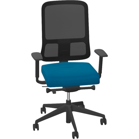 Een ergonomische bureaustoel met een blauwe zitting en zwarte mesh rug op een witte achtergrond.