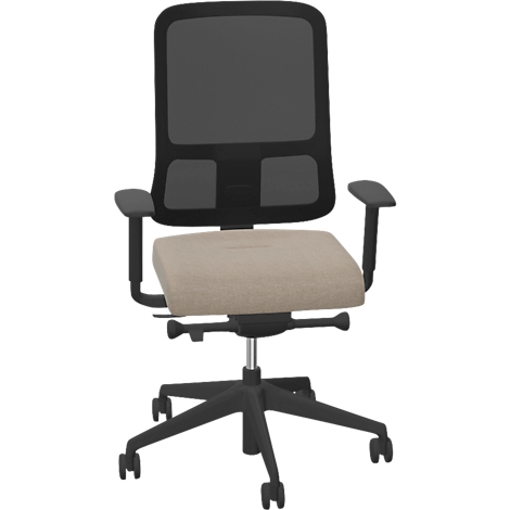 Bureaustoel met zwart frame, mesh rug en beige zitting. Armleuningen. Wielen.