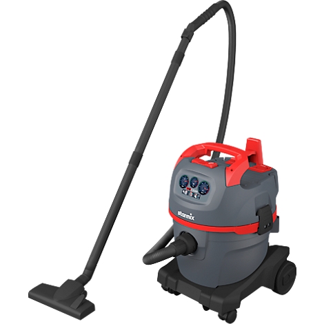 Grey vacuum cleaner with red handle, hose, and nozzle. "starmix" is visible on the device.