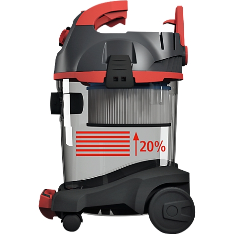Detailed view of a vacuum cleaner. Black and gray housing with red handle and elements, transparent container with red 20% indicator and filter.