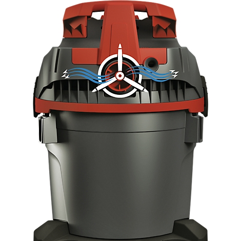Dark gray vacuum cleaner with red top. Blue drawn airflows and propeller symbol.