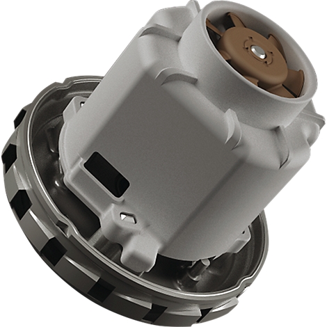 A gray machine part, with a brown rotor blade. The machine part has a cylindrical shape and is open on one side.