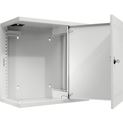 An open white server cabinet with the door open. Inside are brackets for the devices.