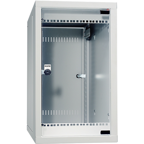 Gray server cabinet with glass door, lock and ventilation slots. The cabinet is empty.