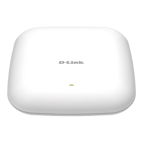 Weißer D-Link WLAN-Access Point. Oben das Logo, darunter eine kleine grüne LED.