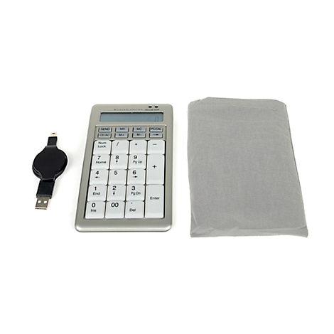 Grey wireless numeric keypad with USB cable and grey pouch on a white background.