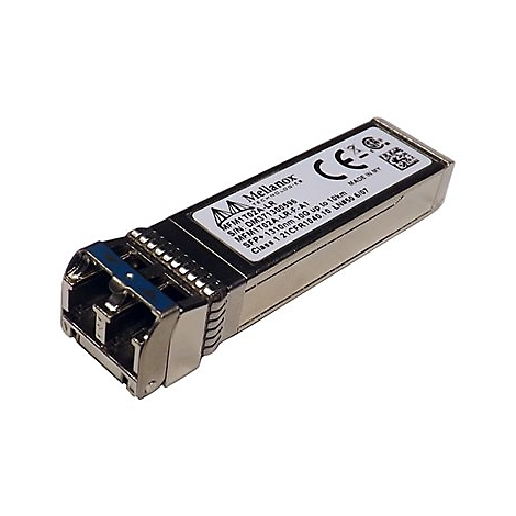 Ein Metall-SFP-Transceiver mit grauer Oberfläche, blauem Anschluss und Beschriftung "Mellanox Technologies".