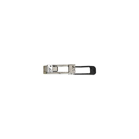 Silberner SFP-Transceiver mit einem schwarzen Entriegelungshebel vor weißem Hintergrund.