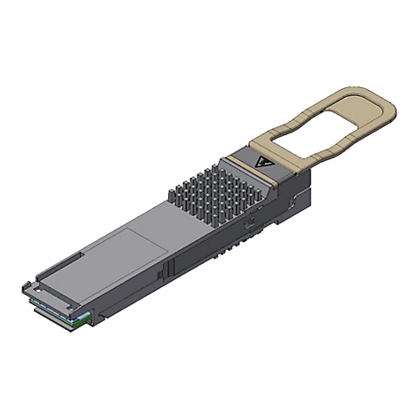 Technisches Modell eines grauen QSFP-Transceivers mit Kühlrippen und beigem Entriegelungshebel.