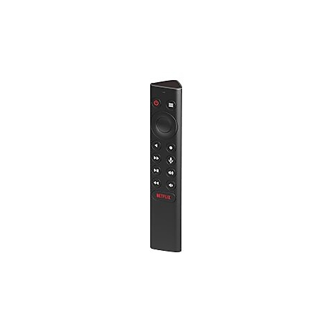 Schwarze, schlanke Fernbedienung mit roter Power-Taste und Netflix-Schriftzug auf weißem Hintergrund.