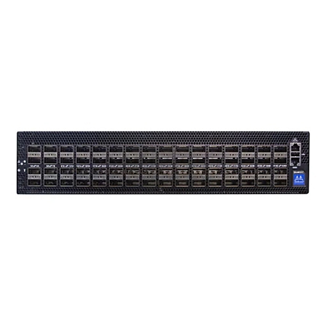 Schwarzer Netzwerk-Switch mit vielen Anschlüssen und dem Logo 'Mellanox'.