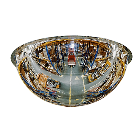 Spherical mirror showing a warehouse. A red forklift truck driving on a marked lane.