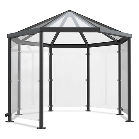 A hexagonal gazebo with glass walls and roof, gray frames, against a white background.