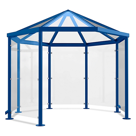 Blue octagonal pavilion with transparent walls and roof, metal frame.