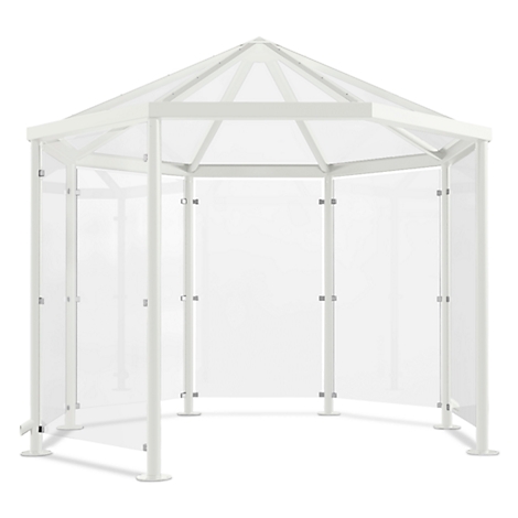 White, octagonal pavilion, open fronts, clear windows, white roof, straight frame.