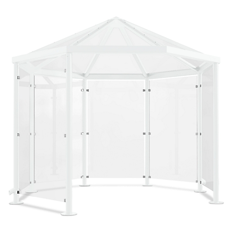 White hexagonal garden gazebo, with transparent side panels and roof. Ideal for the garden.