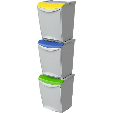 Three grey trash cans stacked with yellow, blue and green lids.