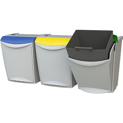 Three gray garbage bins with blue, yellow, and green lids. One bin is open with a black container.
