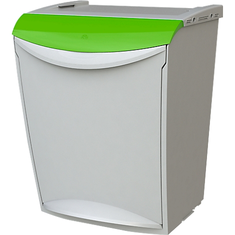 Grey trash can with green lid, curved shape, white frame.
