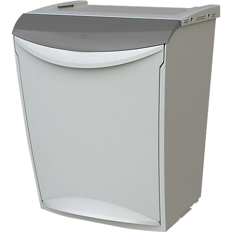 Grey and white mailbox against a neutral background. Grey lid on top, white door with a curved line on the front.