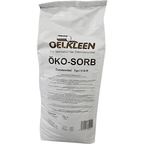 Weißer Sack mit der Aufschrift 'OELKLEEN ÖKO-SORB Ölbindemittel'. Der Sack ist teilweise mit Text bedruckt, der Informationen zum Produkt enthält.