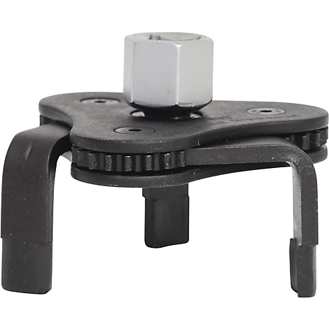 Ein metallischer Ölfilterschlüssel mit drei Armen, einem Zahnrad und einer silbernen Sechskantmutter.