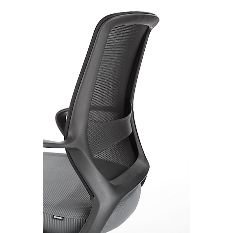 Close-up of a black office chair. Focus on the mesh back with a plastic frame.