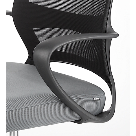 Close-up of an office chair. Black armrest, grey seat, black mesh back.