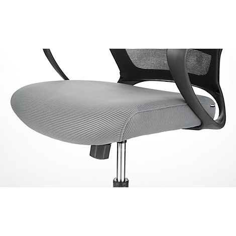 Gray office chair with mesh back and armrests, close-up of the seat.