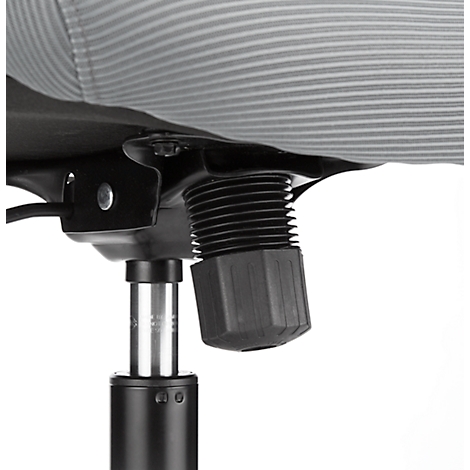 Close-up of black office chair, focus on the height adjustment mechanism.