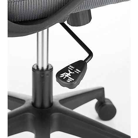 Close-up of a chair with a lever for height adjustment. Black base, silver gas spring, and grey fabric.