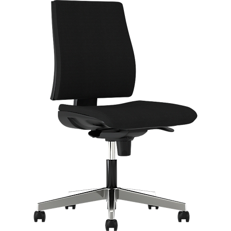 Black office chair with backrest, seat, castors and metal base.
