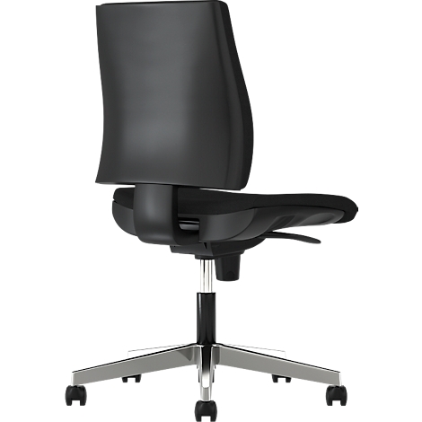Black office chair with backrest, seat and castors. Metal base with five legs.