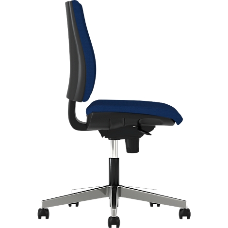 Office chair with blue seat and backrest, black elements and silver legs. Side view.