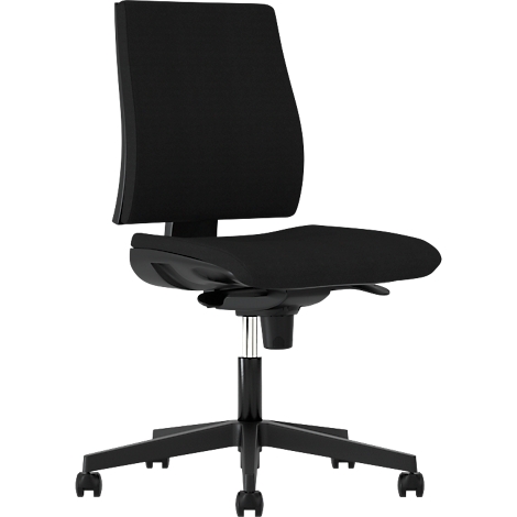 Black office chair with backrest, seat and castors. The backrest is curved, the seat ergonomically shaped.