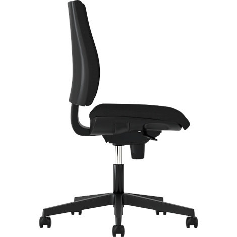 Black office chair, side view. High backrest, seat and swivel base with castors.