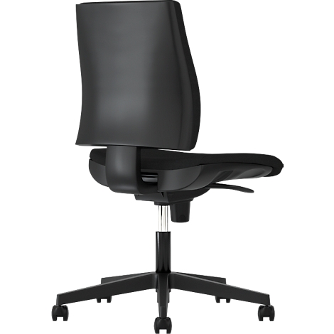 Black office chair extending from left to right. Backrest, seat and castors are visible.